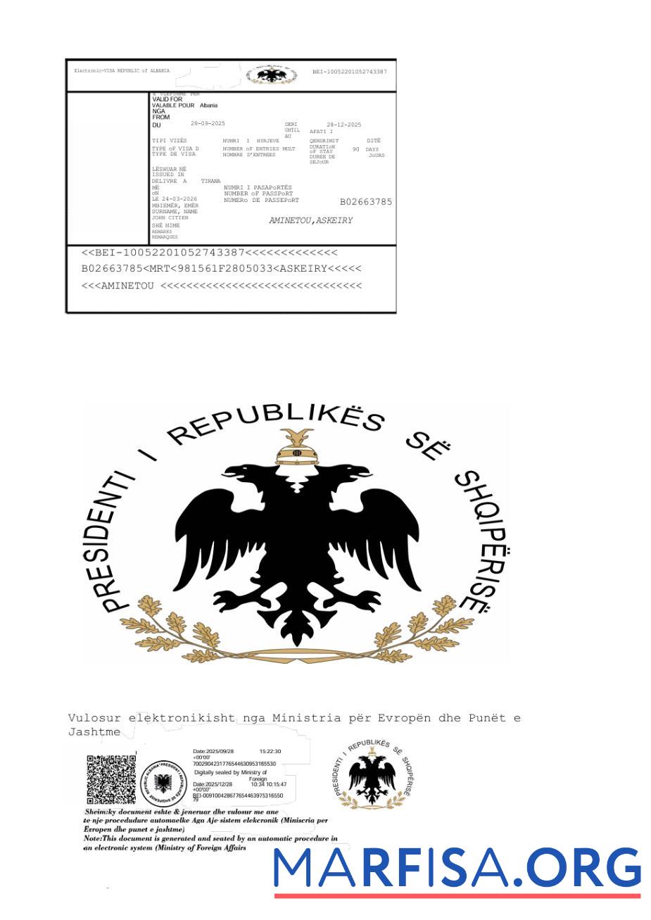 Downloadable Albania e visa template in Word and Pdf formats, version 3